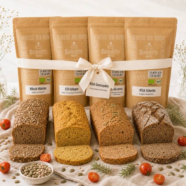 KStA-Genusspaket von Dankebitte mit vier Bio-Brotbackmischungen, vier gebackenen Kastenbroten, Schleife, Tomaten, Rosmarin und Saaten.