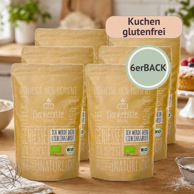 6erBACK Kuchen glutenfrei Dankebitte 6erBACK glutenfreie Kuchen-Backmischungen mit Kuchen, Beeren, Mehl und heller Küchenstimmung